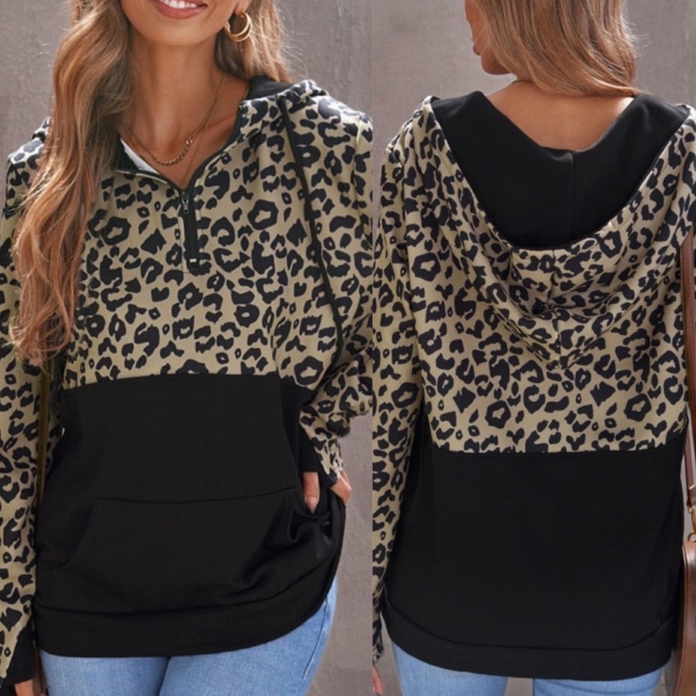 Leopard Print Color Block Patchwork Zip Sweatshir… - image 1